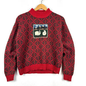 Vintage 80s Woolrich Woman S/M Wool Knit Fair Isle AOP Sheep Sweater Red